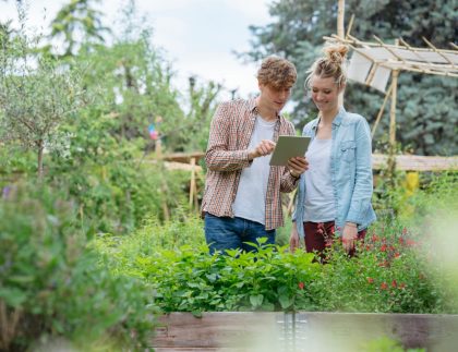 Jeune homme et femme dans le jardin urbain, photographier des plantes à l'aide de tablette numérique